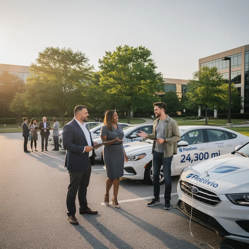 An overview of a diverse fleet of vehicles, including sedans, SUVs, and vans, arranged neatly in a rental lot.